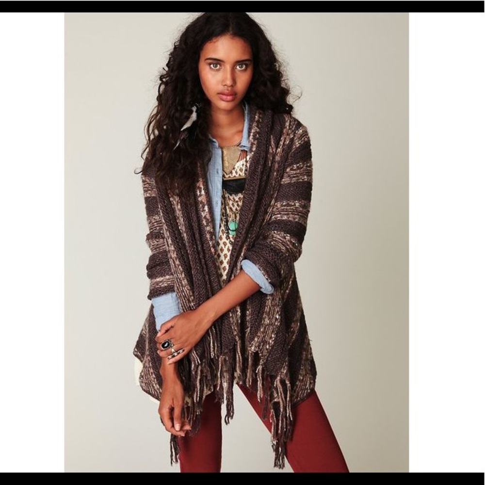 free people brown marled fringe cardigan